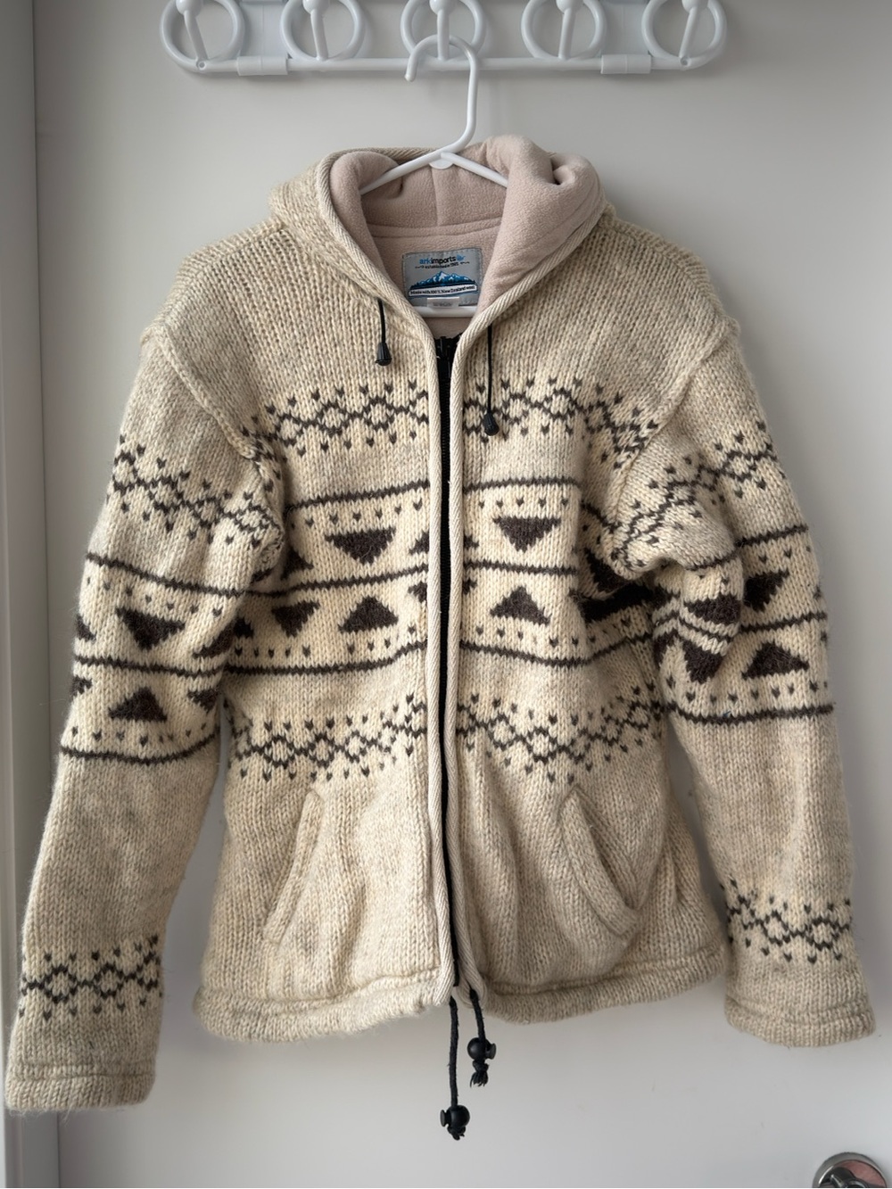 Men's Cream Hooded Zip Sweater with Brown Geometric Pattern